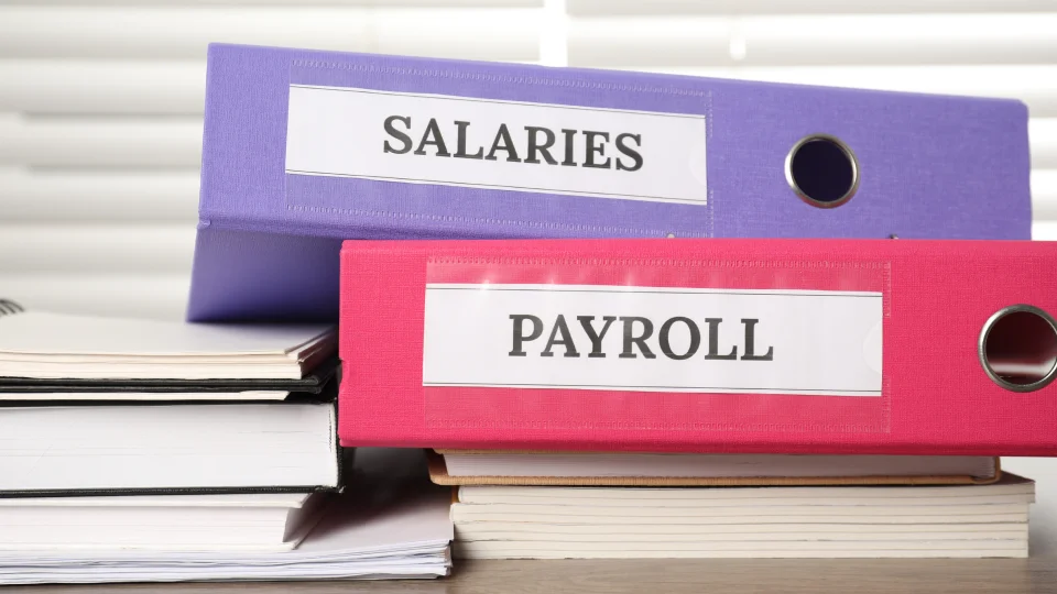 Two labeled binders marked “Salaries” and “Payroll” sit on top of a stack of books.