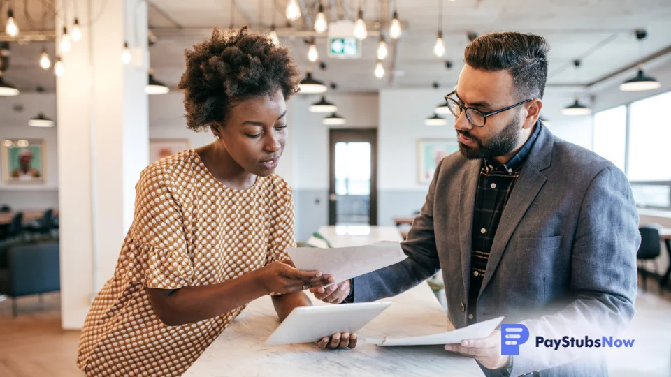 A small business owner discusses a paycheck with their employee.