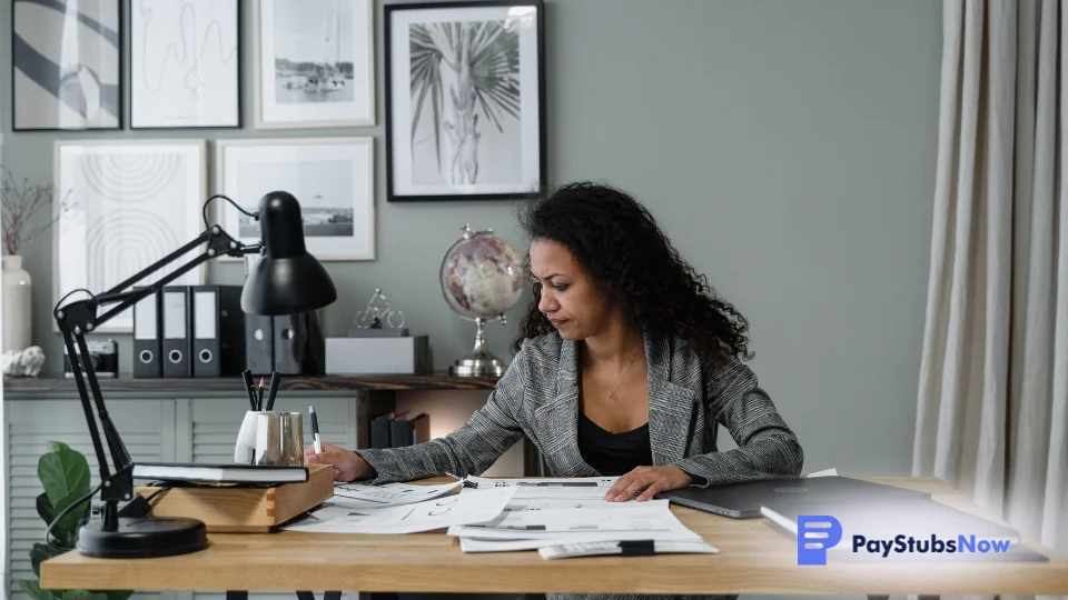 Small business owner reviews payroll records and financial documents at her desk to avoid compliance issues and payroll errors.