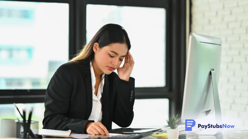 Small business manager looks stressed while reviewing payroll data on her computer.