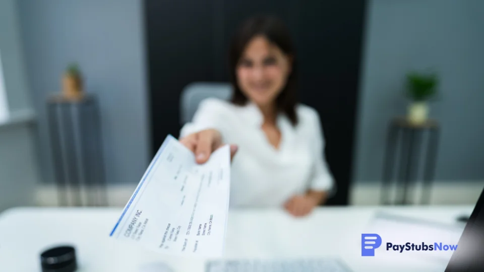 A business owner hands a paycheck to someone across their desk.