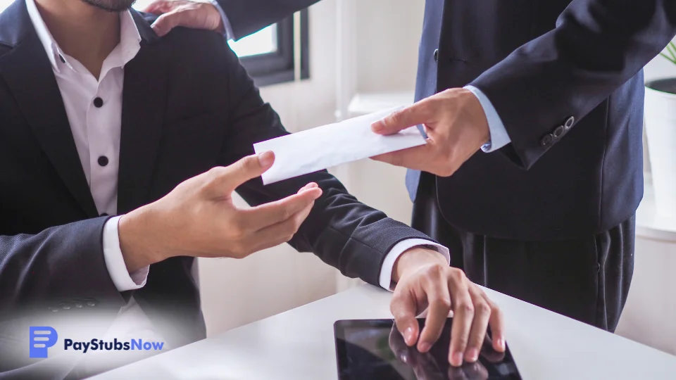 A professional handing an envelope to an employee aside from their regular paycheck.