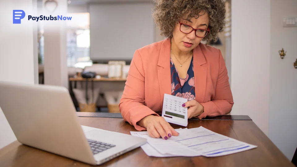 A professional calculating payroll taxes using a calculator and printed forms and documents.