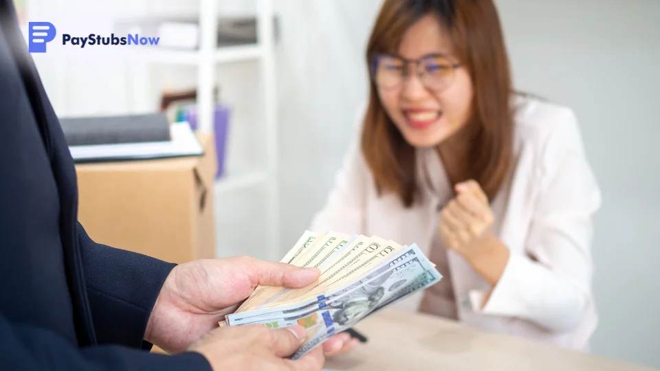 A professional celebrating after receiving a large cash bonus.