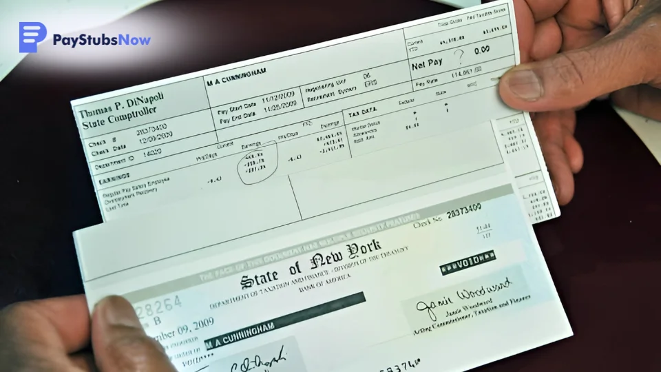 Close-up of a detailed paystub and paycheck.