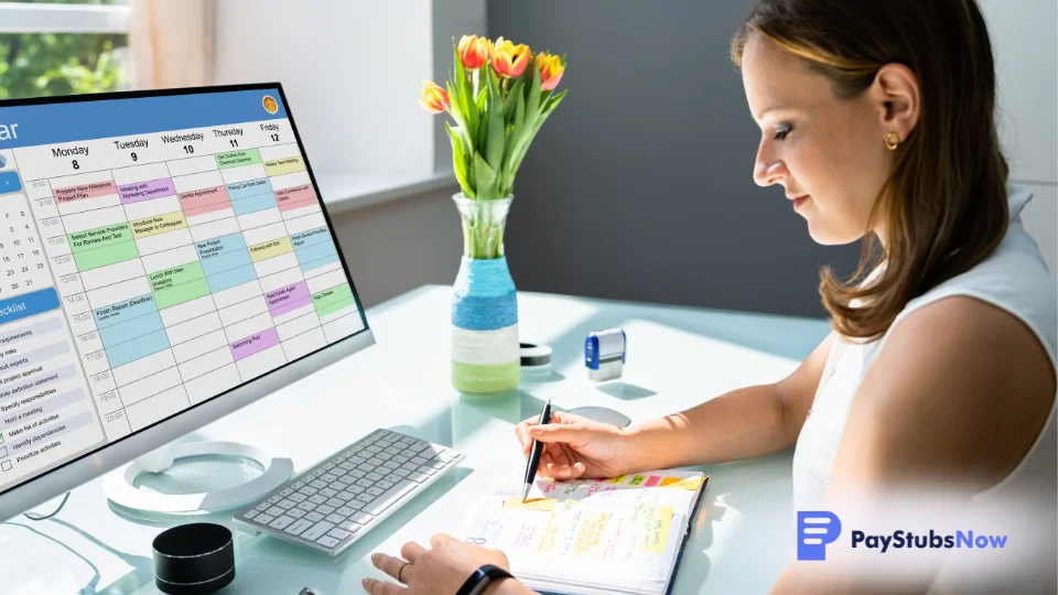 An HR personnel working on a calendar on a computer to schedule payouts.