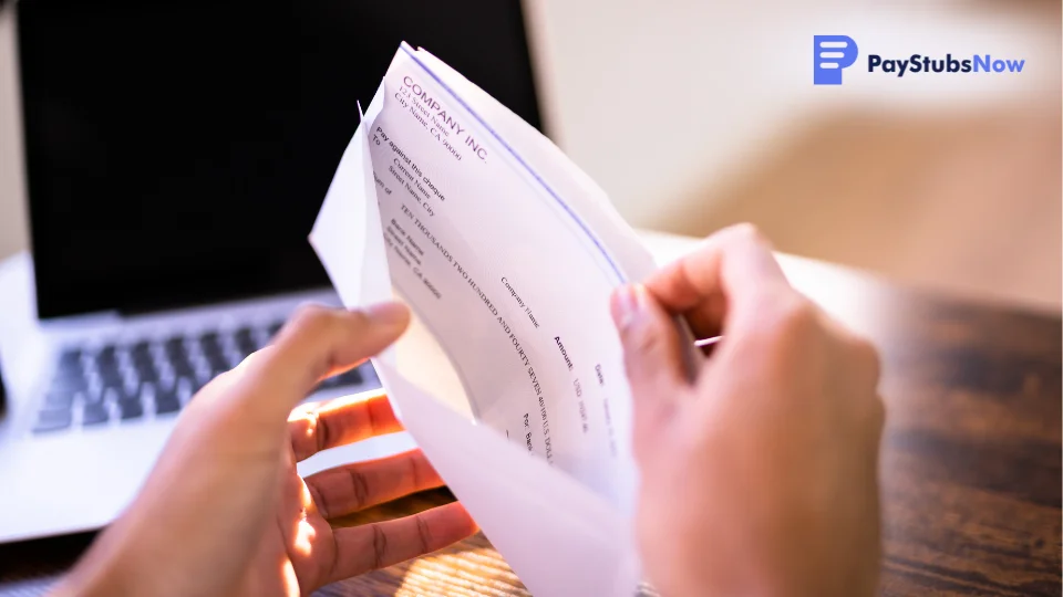 An employee opening an envelope with a paycheck inside.