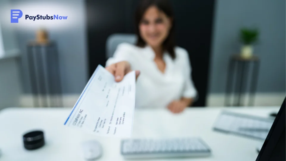 An HR personnel handing a check to an employee.