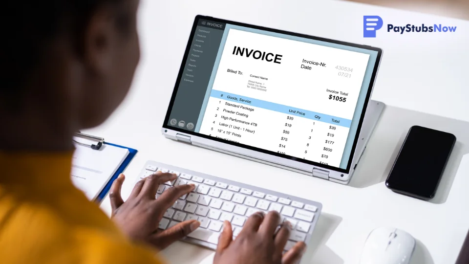 A freelancer working on their laptop on an invoice.