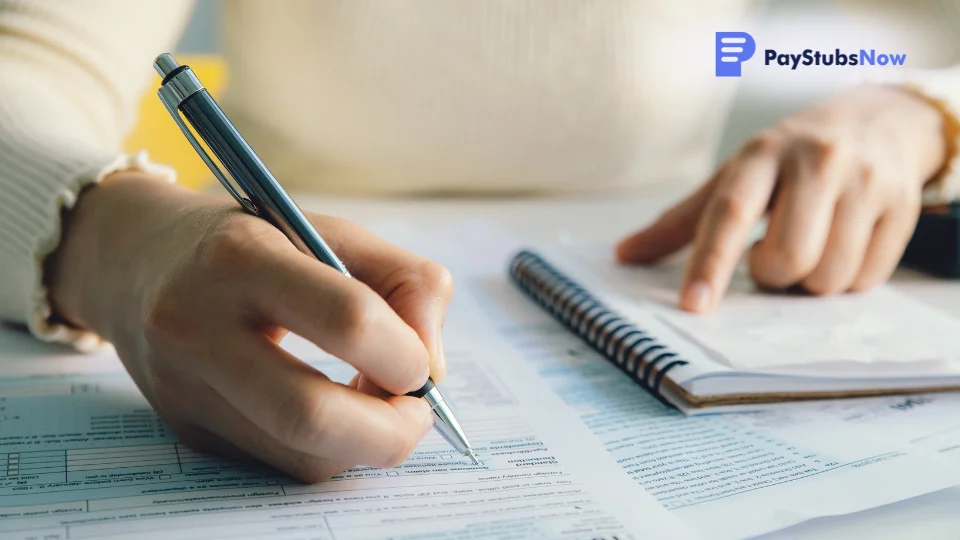 An individual sitting with a notebook and pen, working on a tax form.