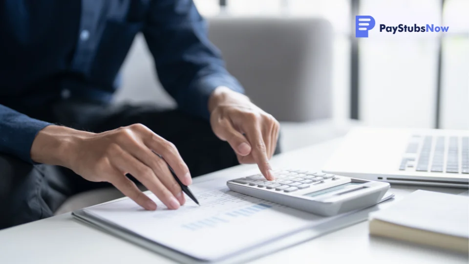 An individual working on a calculator and documents.