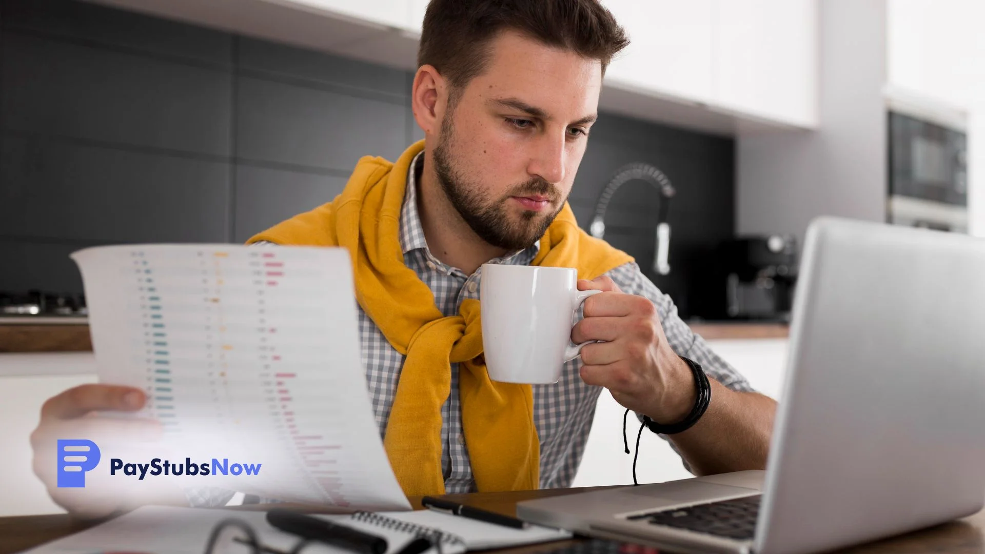 A man holds a document and drinks coffee while using a laptop.