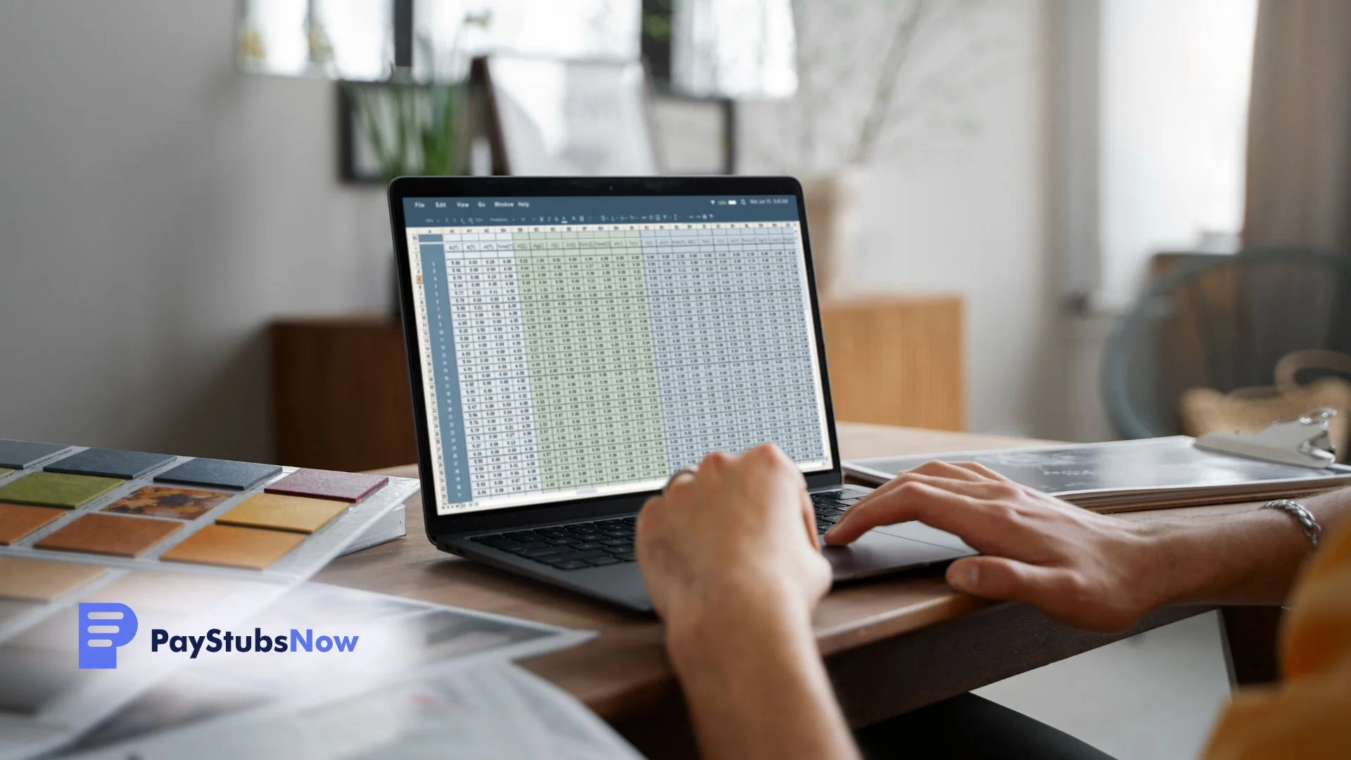 A person works on a spreadsheet on a computer in a home office.