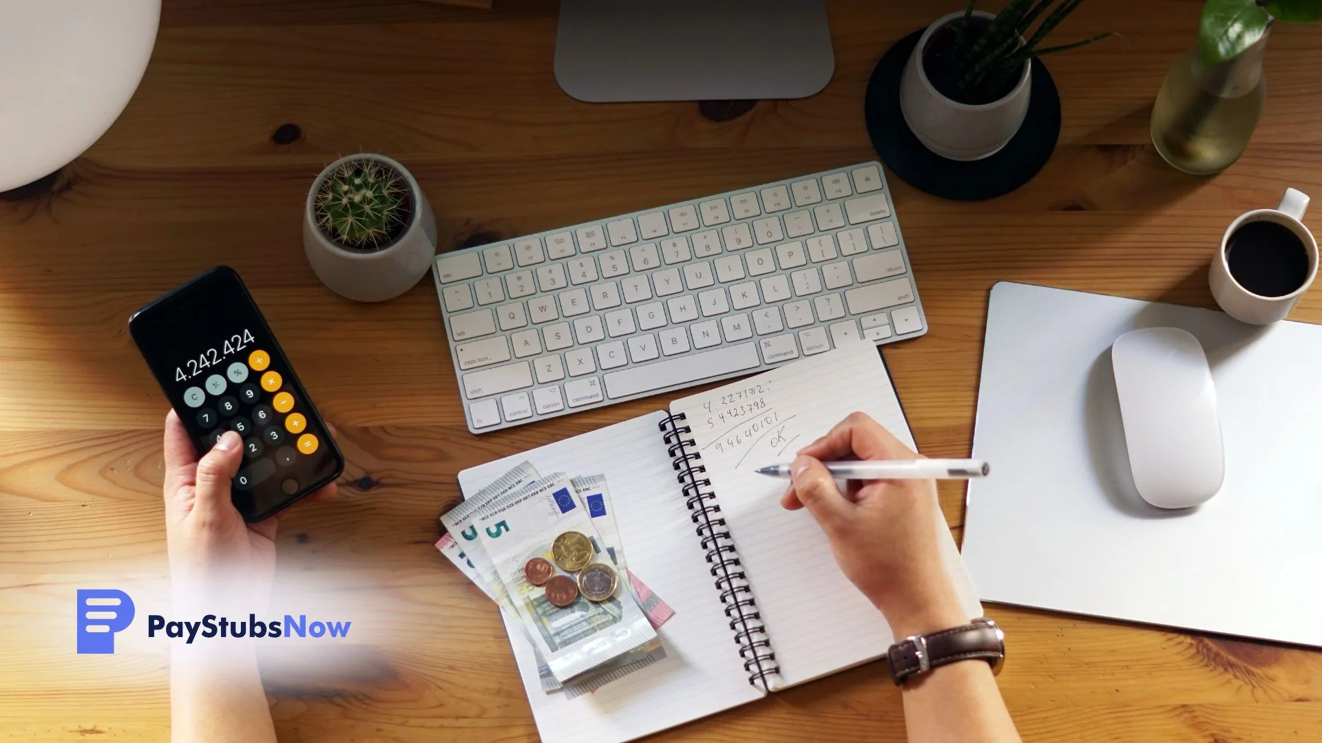 A workspace with financial documents, money, the calculator app, and a computer keyboard and mouse.