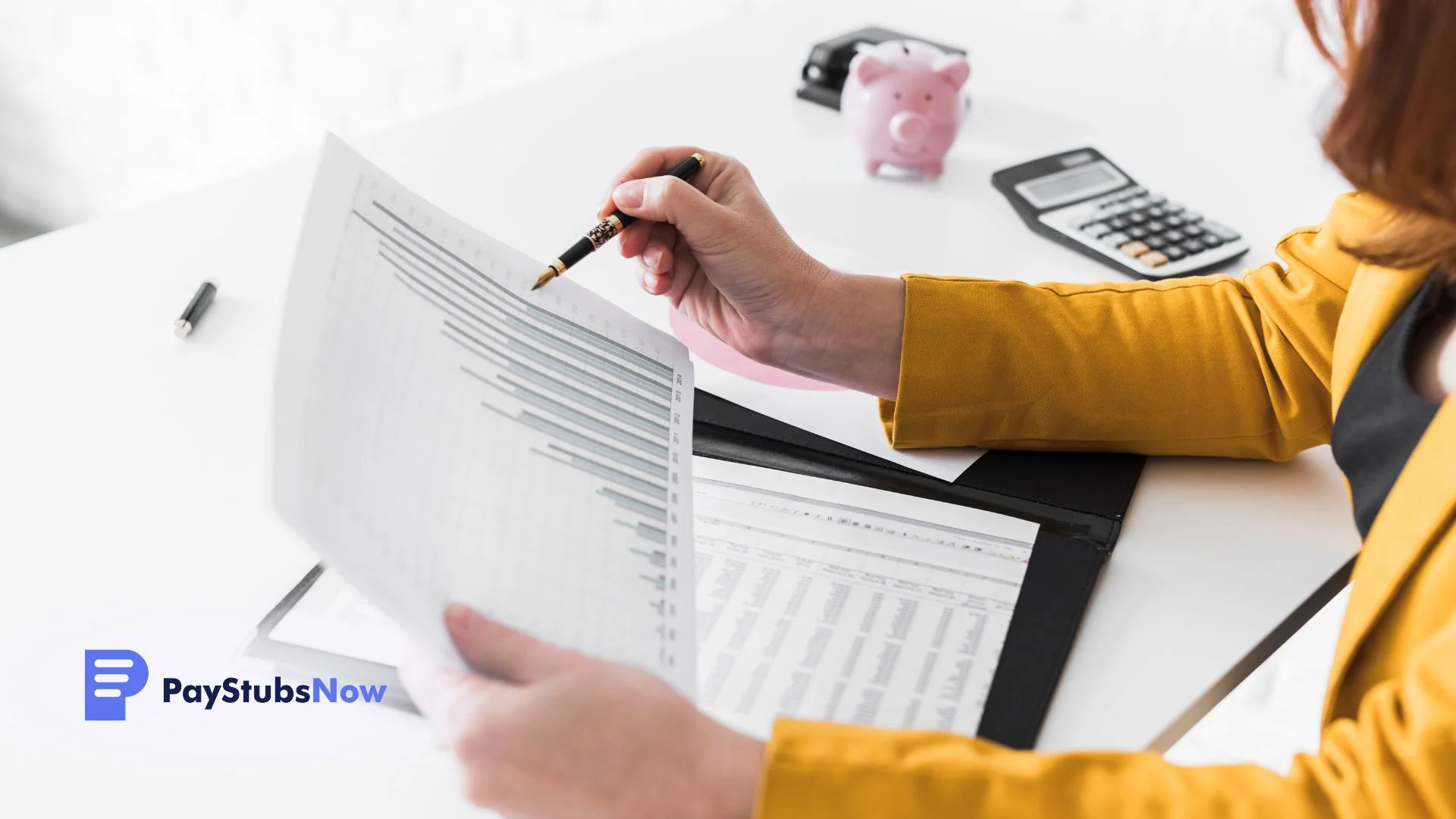 A person examines a spreadsheet on a desk.