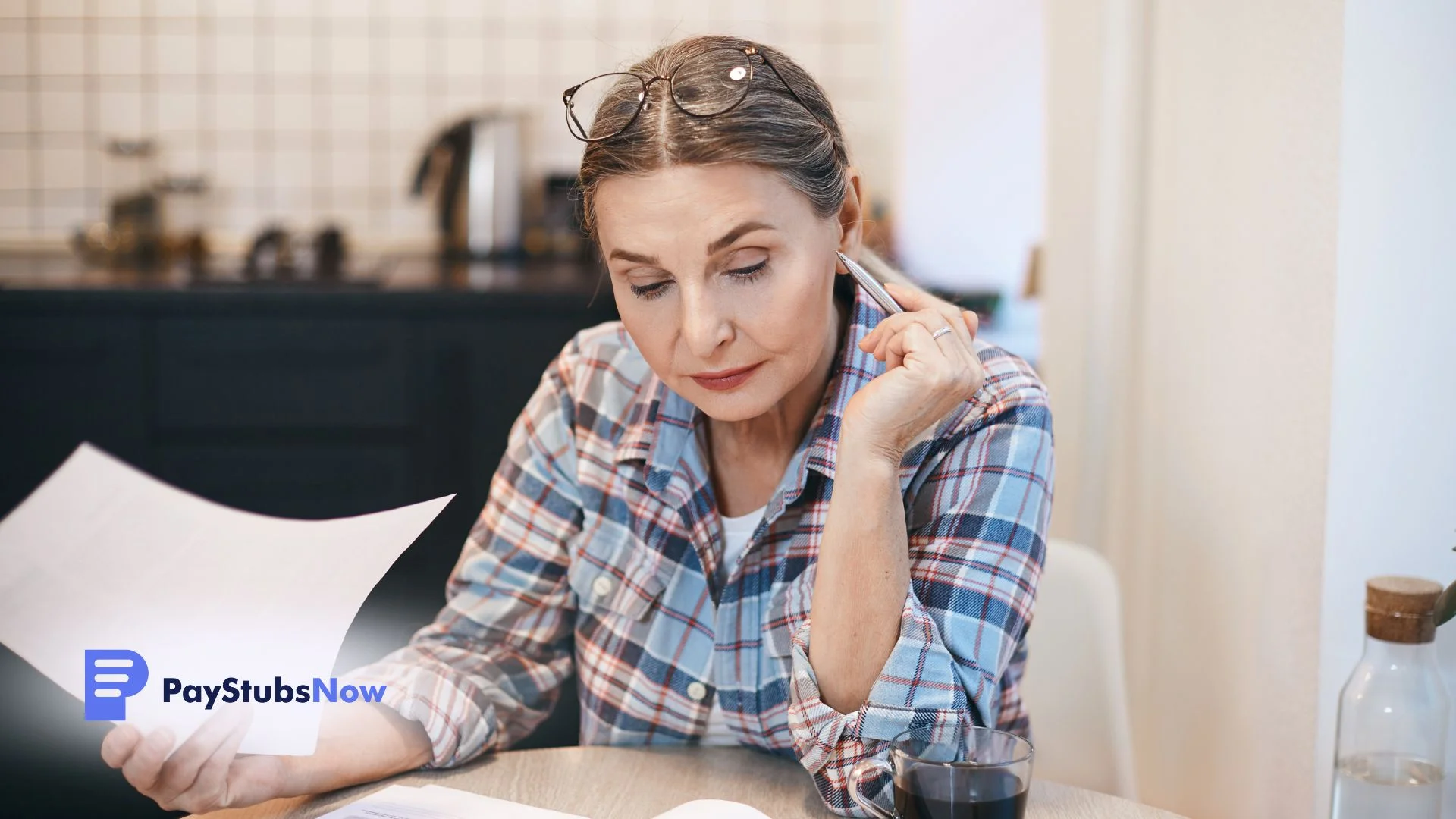 A woman in a plaid shirt reviews paperwork.