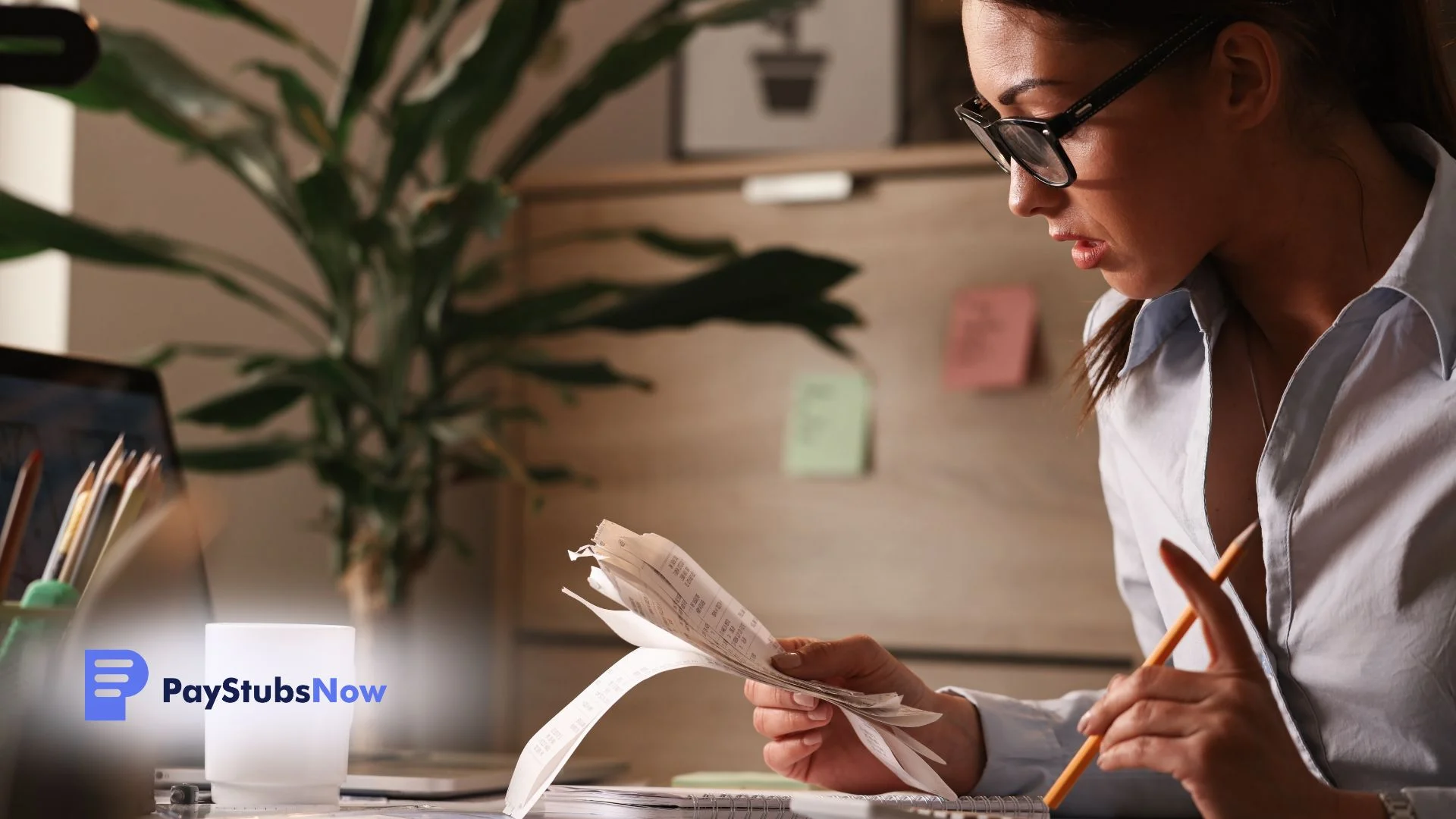 A professional woman checks a document in an office.