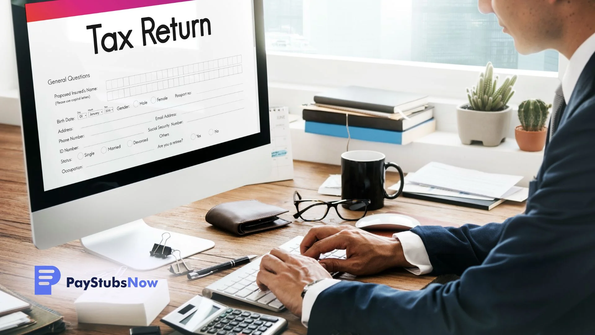 A professional man types on a desktop computer displaying a tax return form.