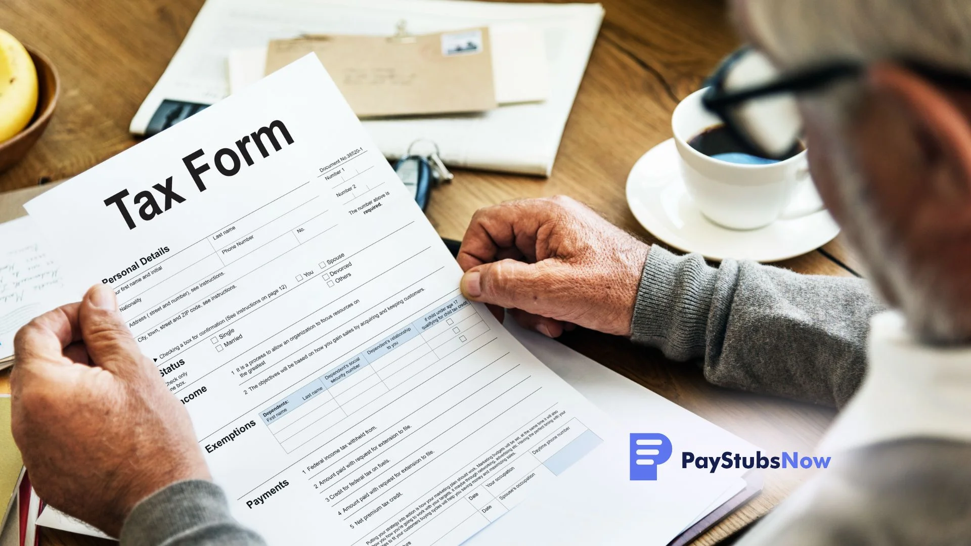 An elderly man reviews a printed tax form on a table.