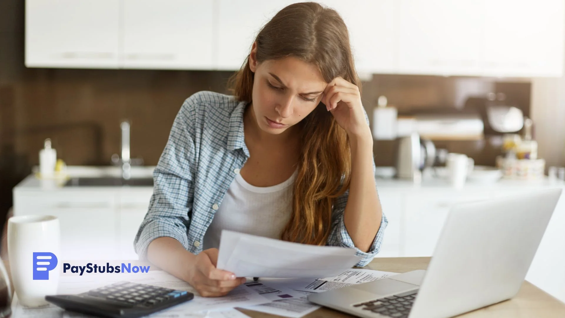 A woman studies a document beside a laptop and calculator.