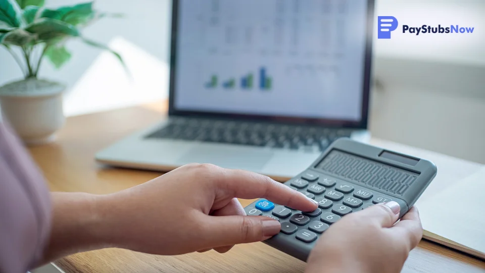 Individual using a calculator by desk
