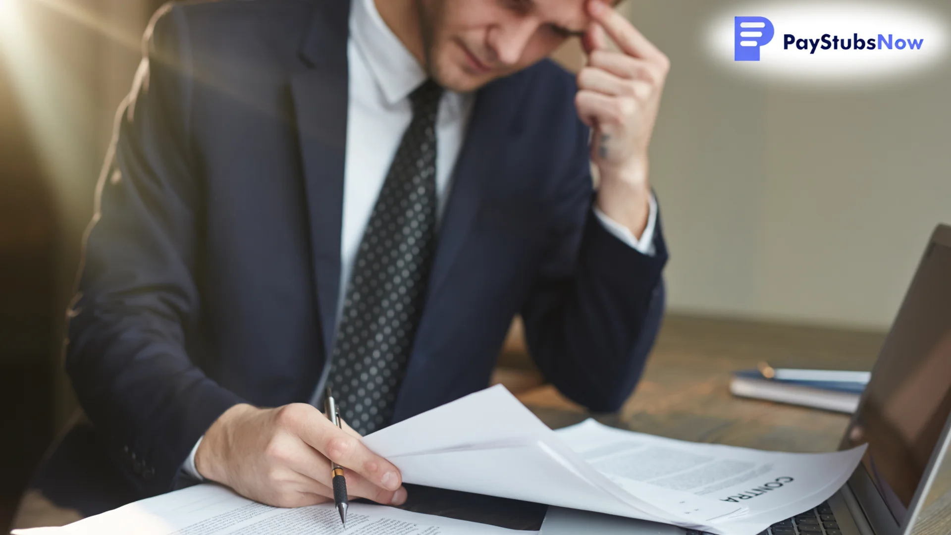 A businessperson reviewing tax documents at a desk with a laptop