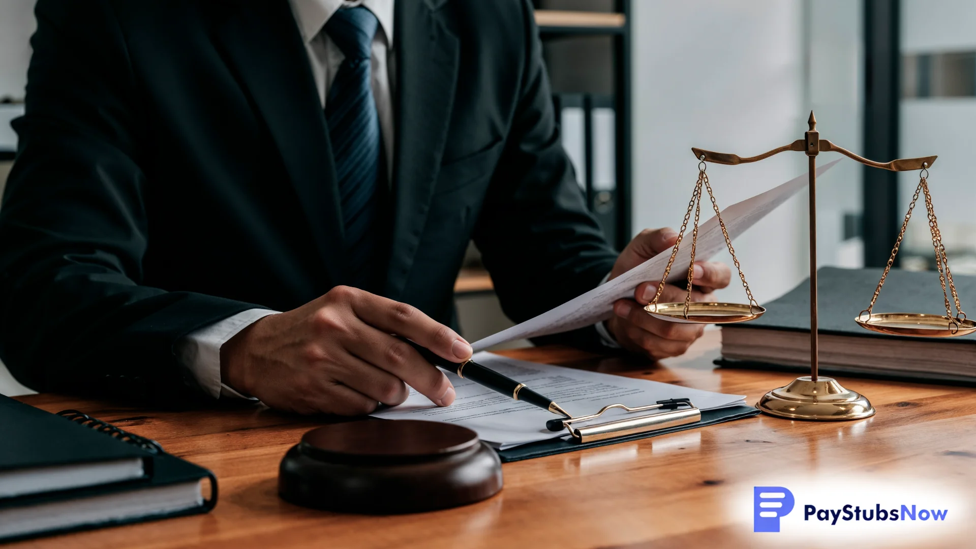 A lawyer reviewing documents at a desk with a gavel and scales of justice