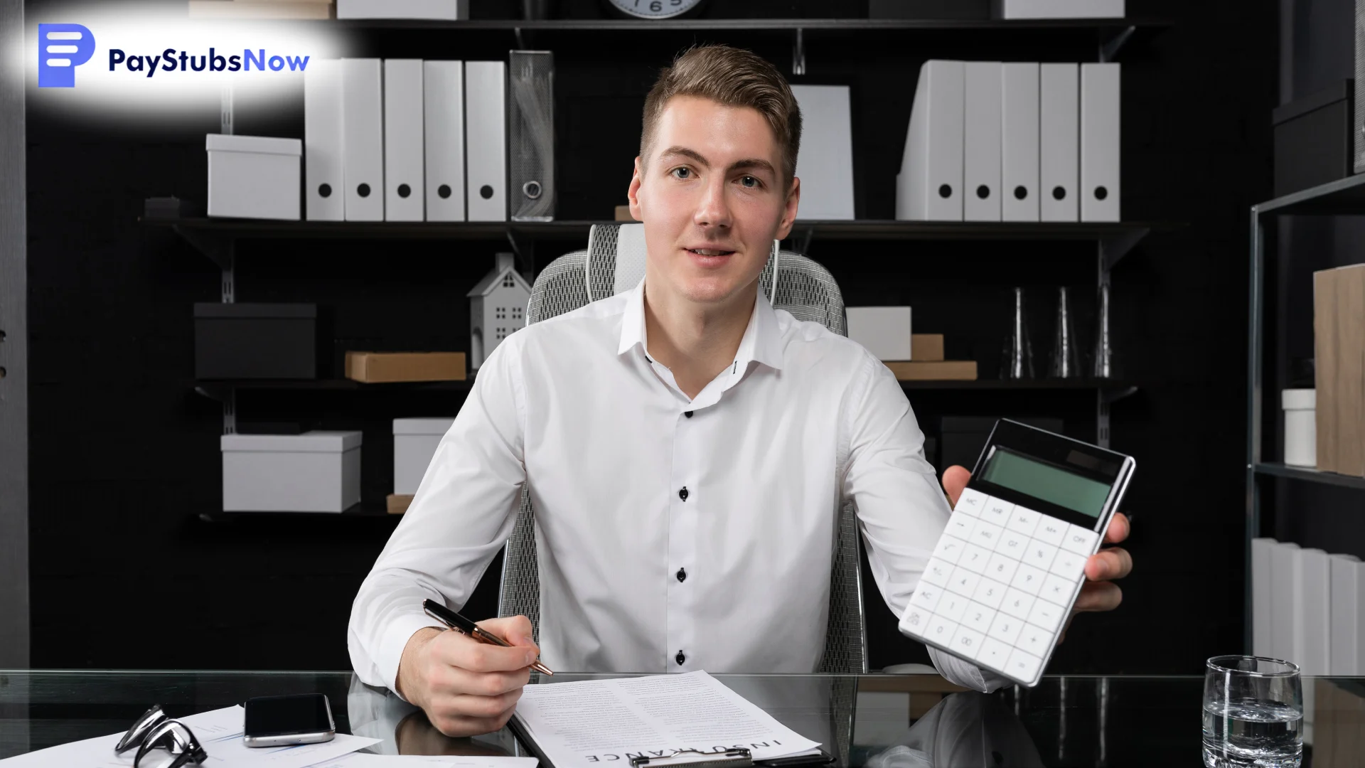A young professional sitting at a desk, holding a calculator with various documents scattered around