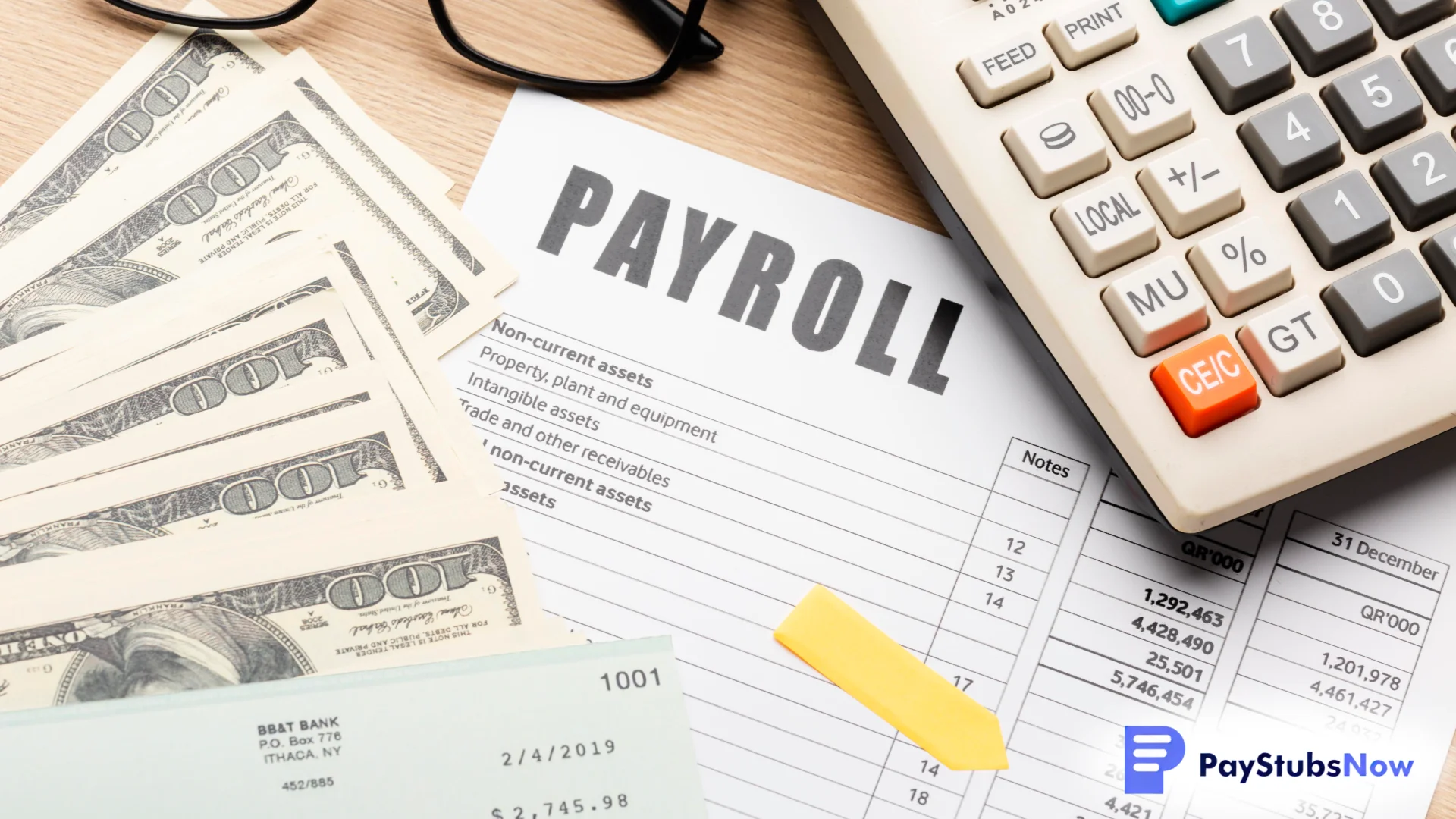 Close-up of payroll documents with cash, a paycheck, and a calculator placed on a desk