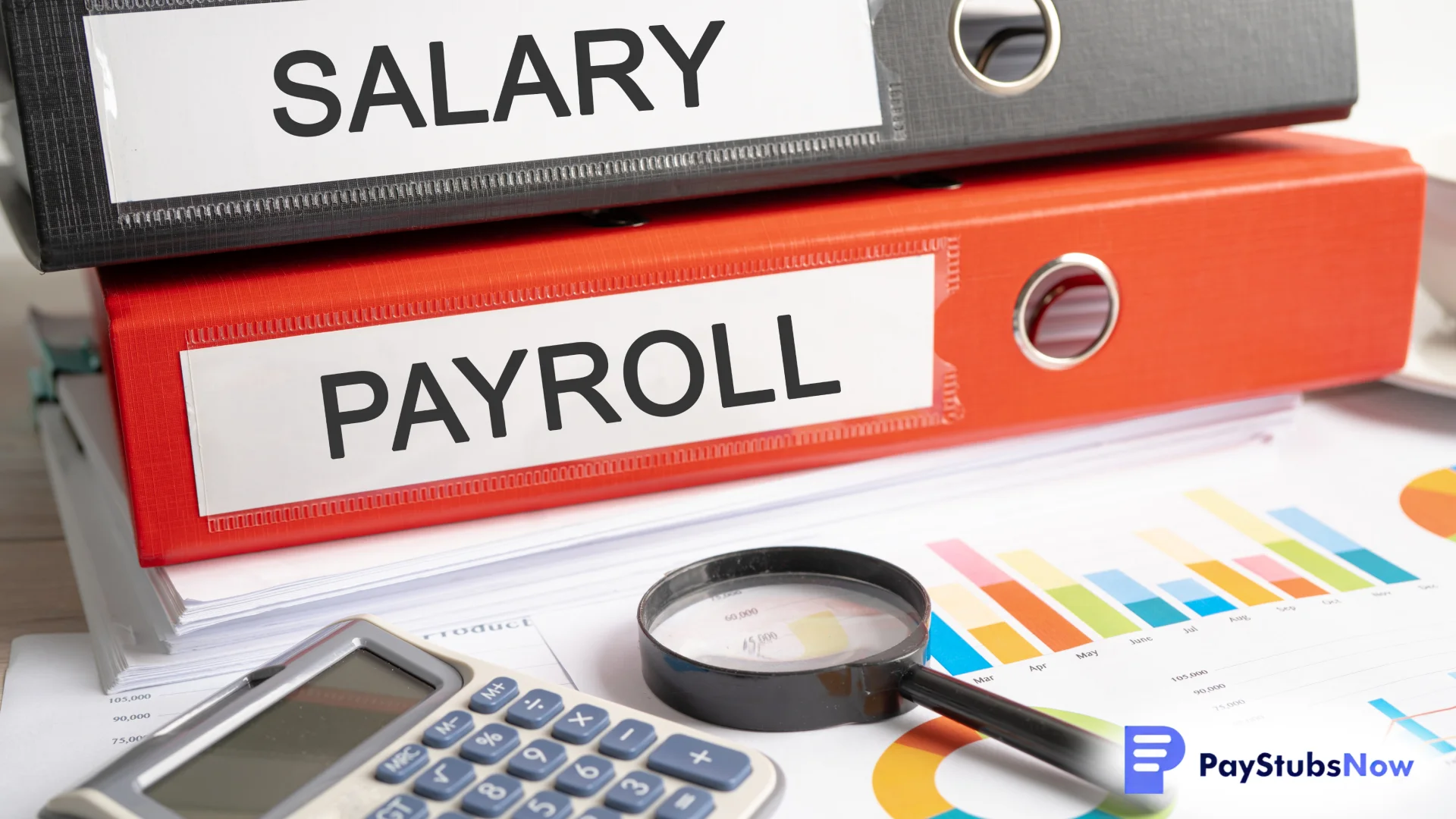 Stacked binders labeled salary and payroll with financial charts, a calculator, and a magnifying glass on a desk