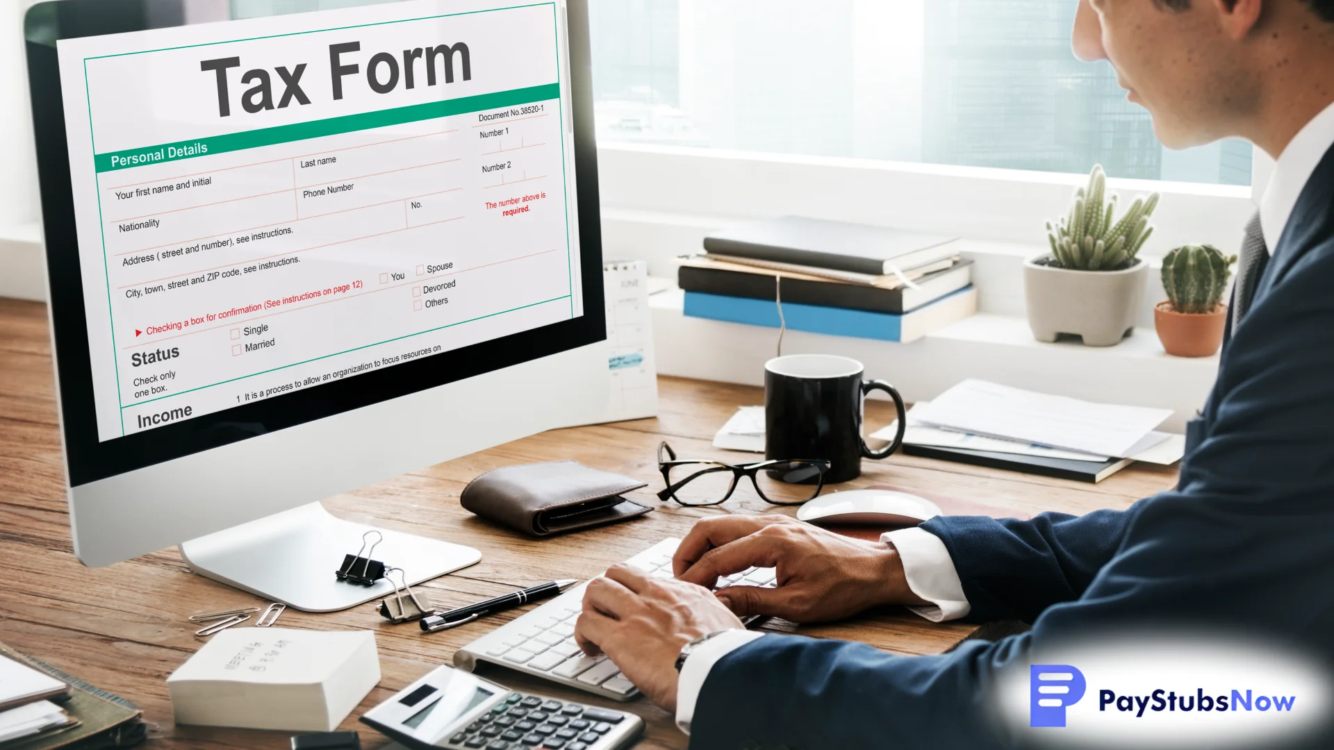 A business professional filling out a tax form on a desktop computer in an office setting