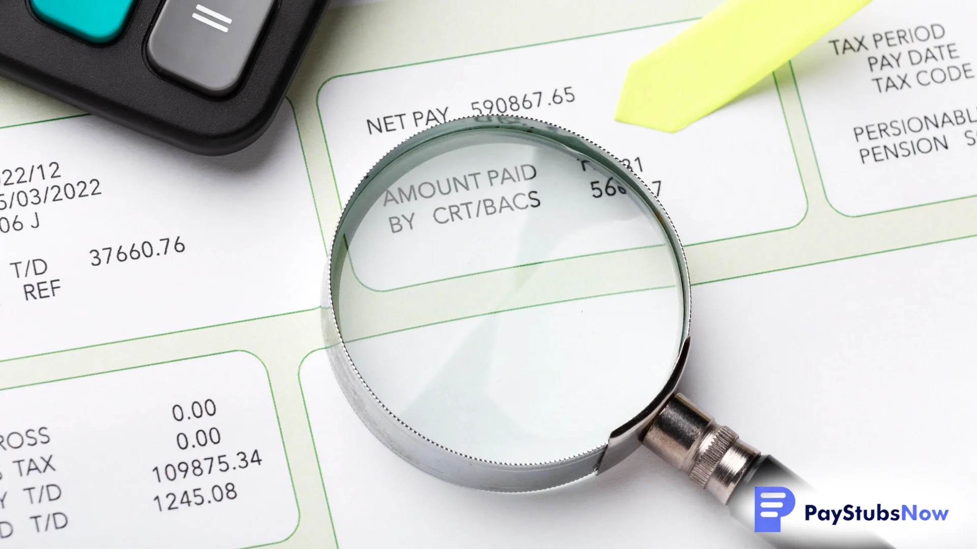 A magnifying glass placed over a financial statement next to a calculator