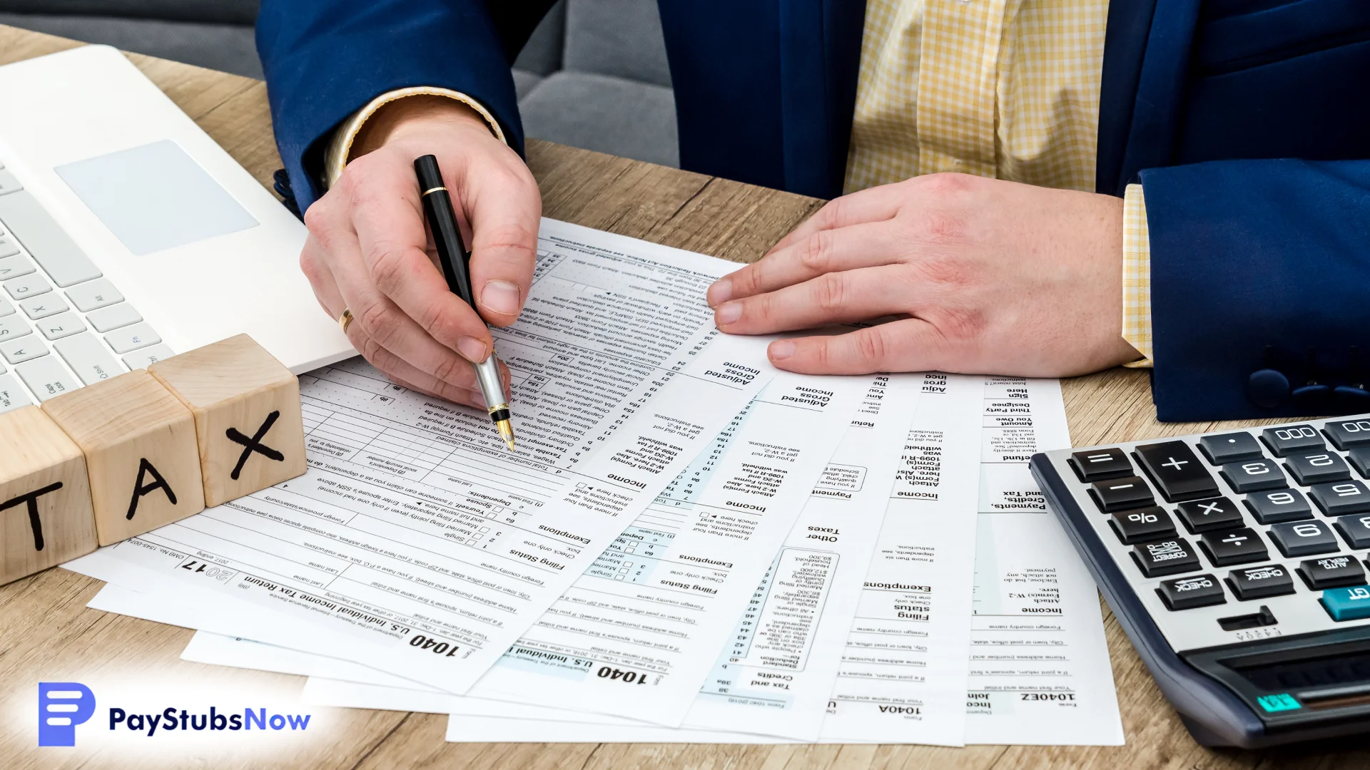 A close-up of a person reviewing and filling out U.S. tax forms with a pen, calculator, and laptop on the desk