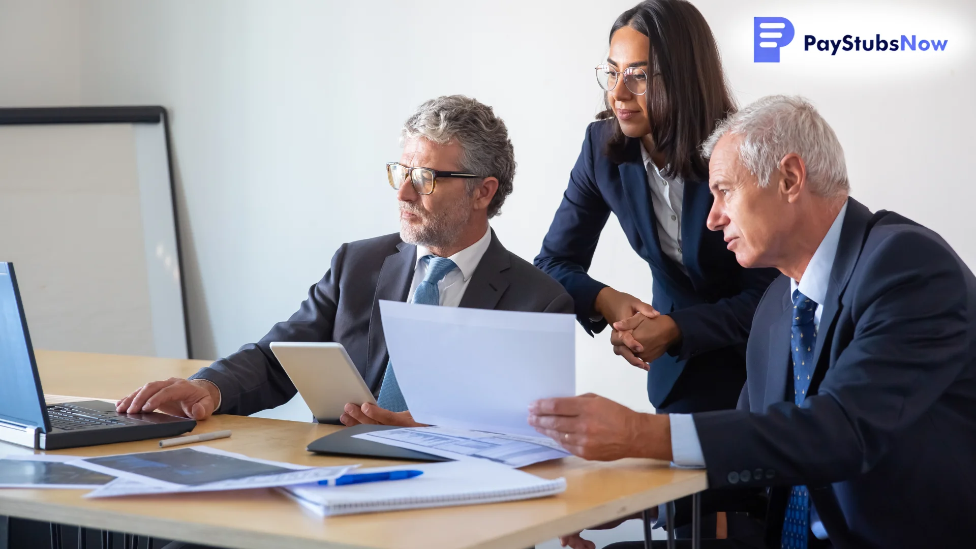 A team of business professionals reviewing financial documents and tax reports together in a meeting