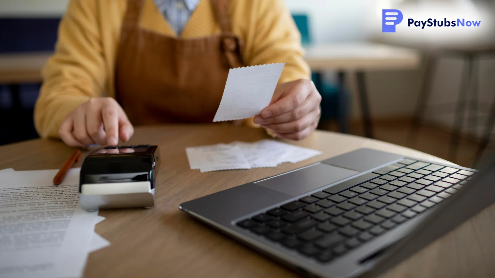 A person wearing an apron sits at a table, using a calculator with a receipt in the other hand next to a laptop.