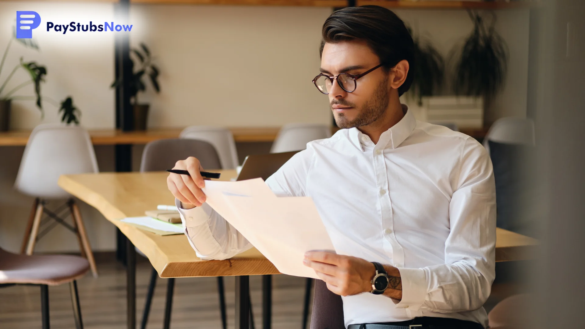 A man checks an invoice while holding a pen.