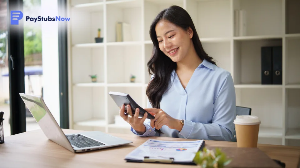 A person sits at a desk with a laptop, coffee cup, and paperwork, using a calculator in a bright office setting.
