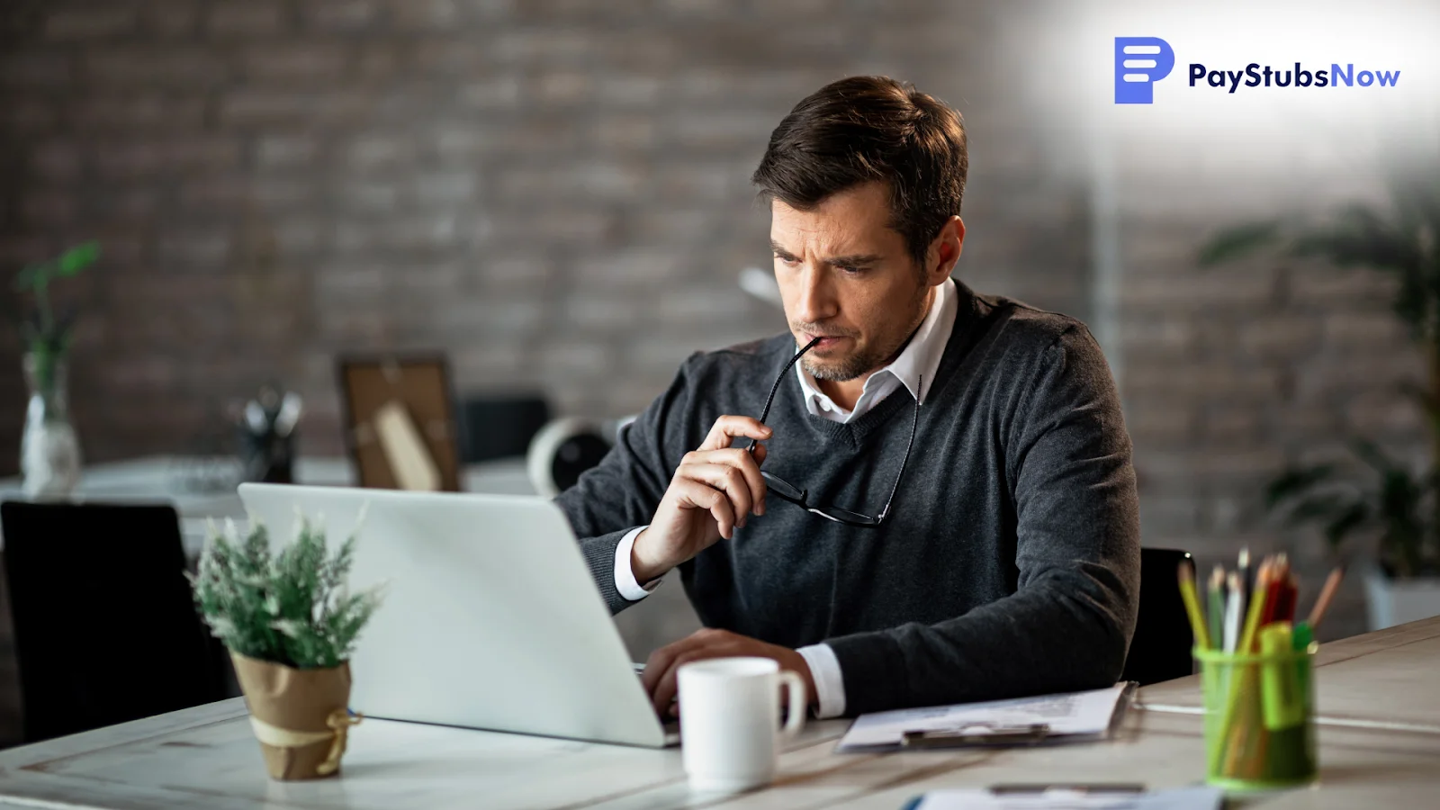 A concerned man at his computer, worried because he filed the wrong form.
