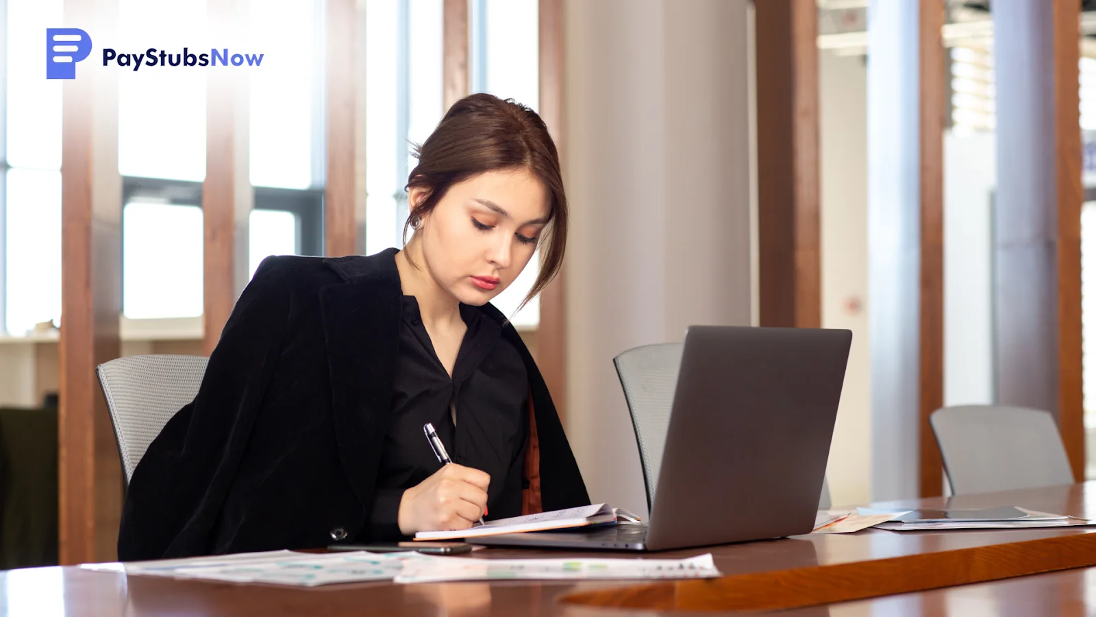 A woman diligently working at a desk, comparing invoice vs receipt vs bill and where statements fit in.