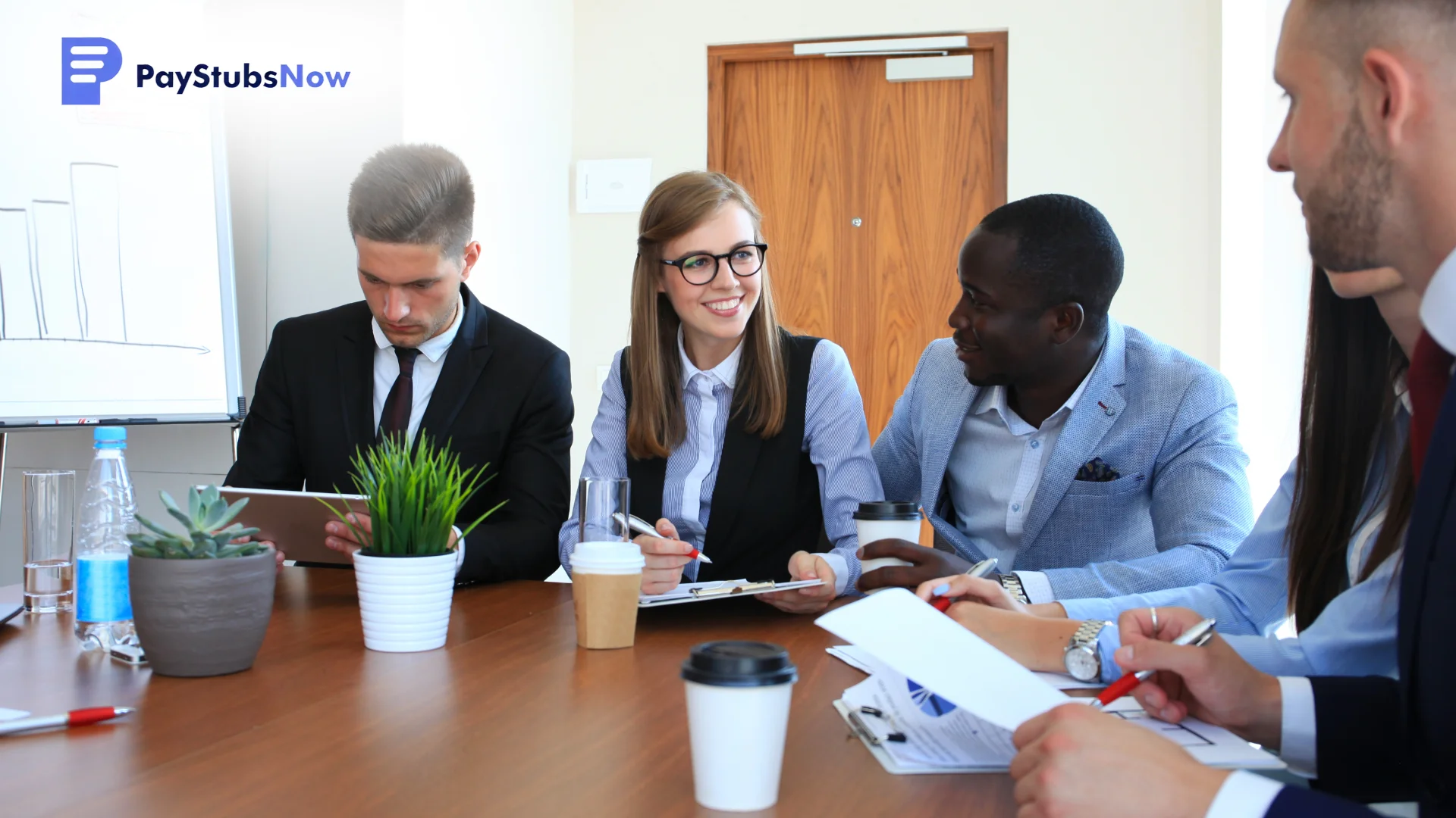 A group of business professionals having a casual meeting around a conference table with coffee cups and notepads