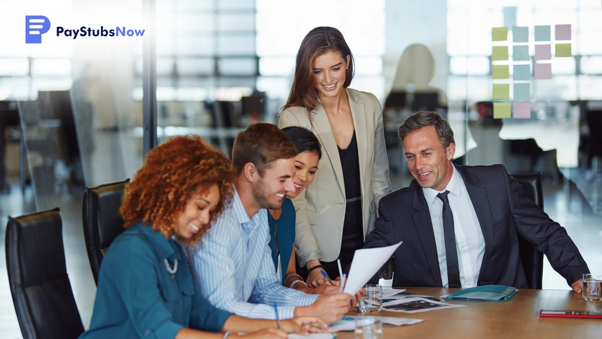 A collaborative business team examines a document together