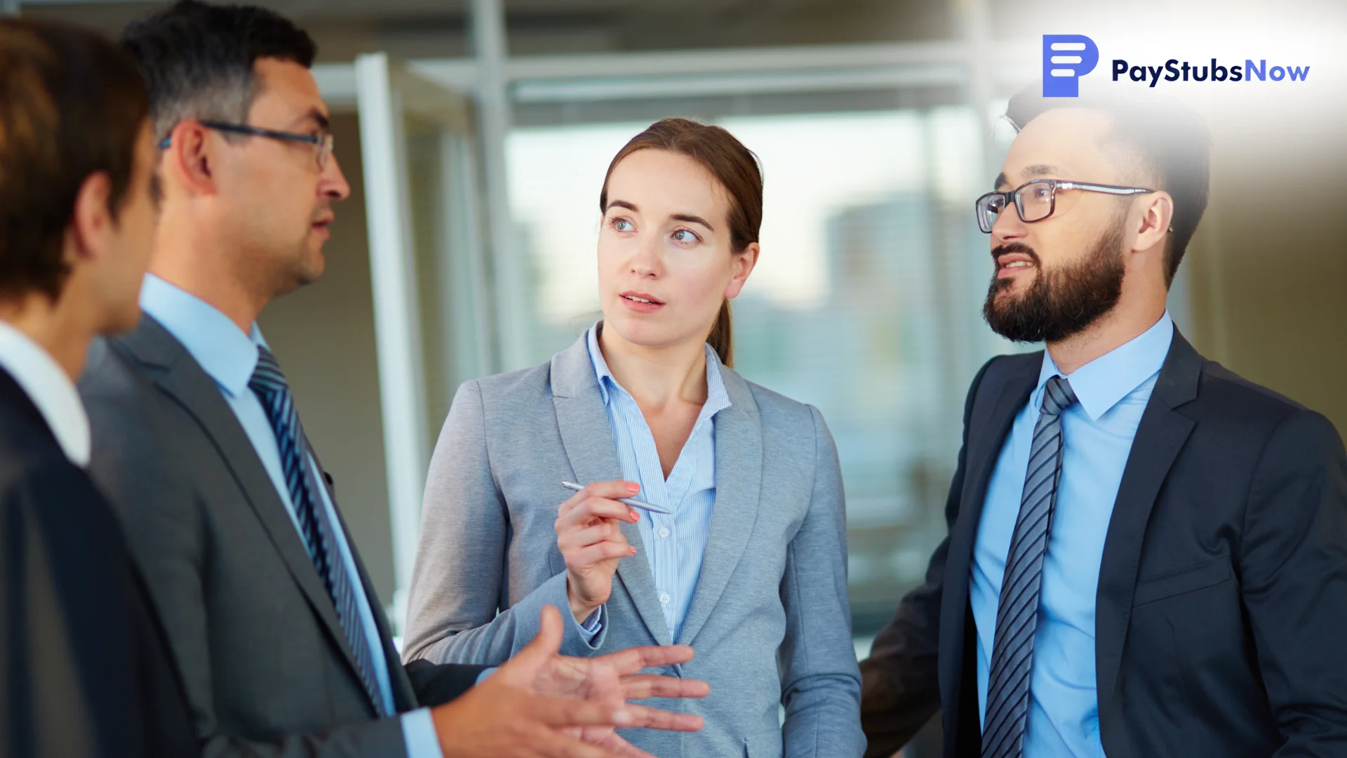 A group of business colleagues engages in an office discussion
