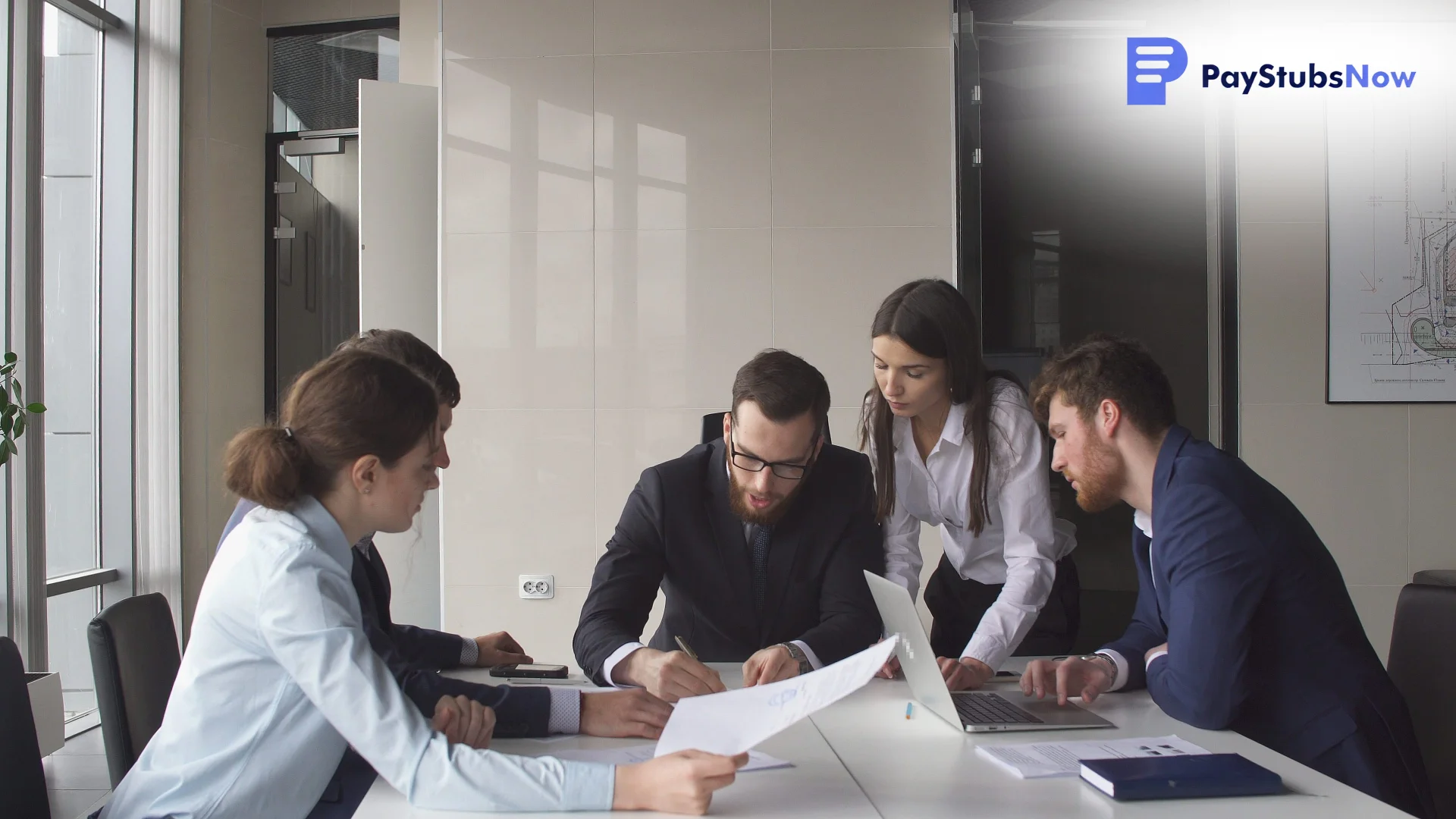 A professional team collaborates in a modern office