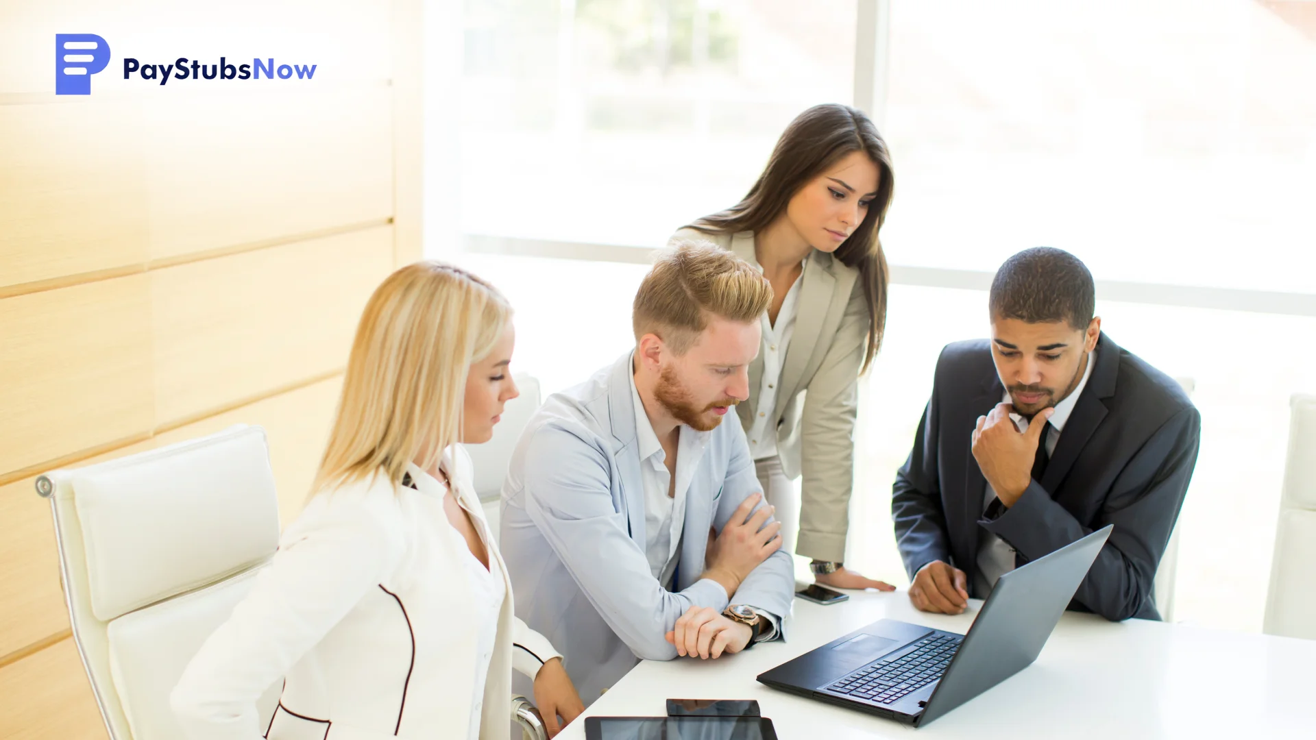 Four colleagues gathered around a desk, viewing a laptop screen