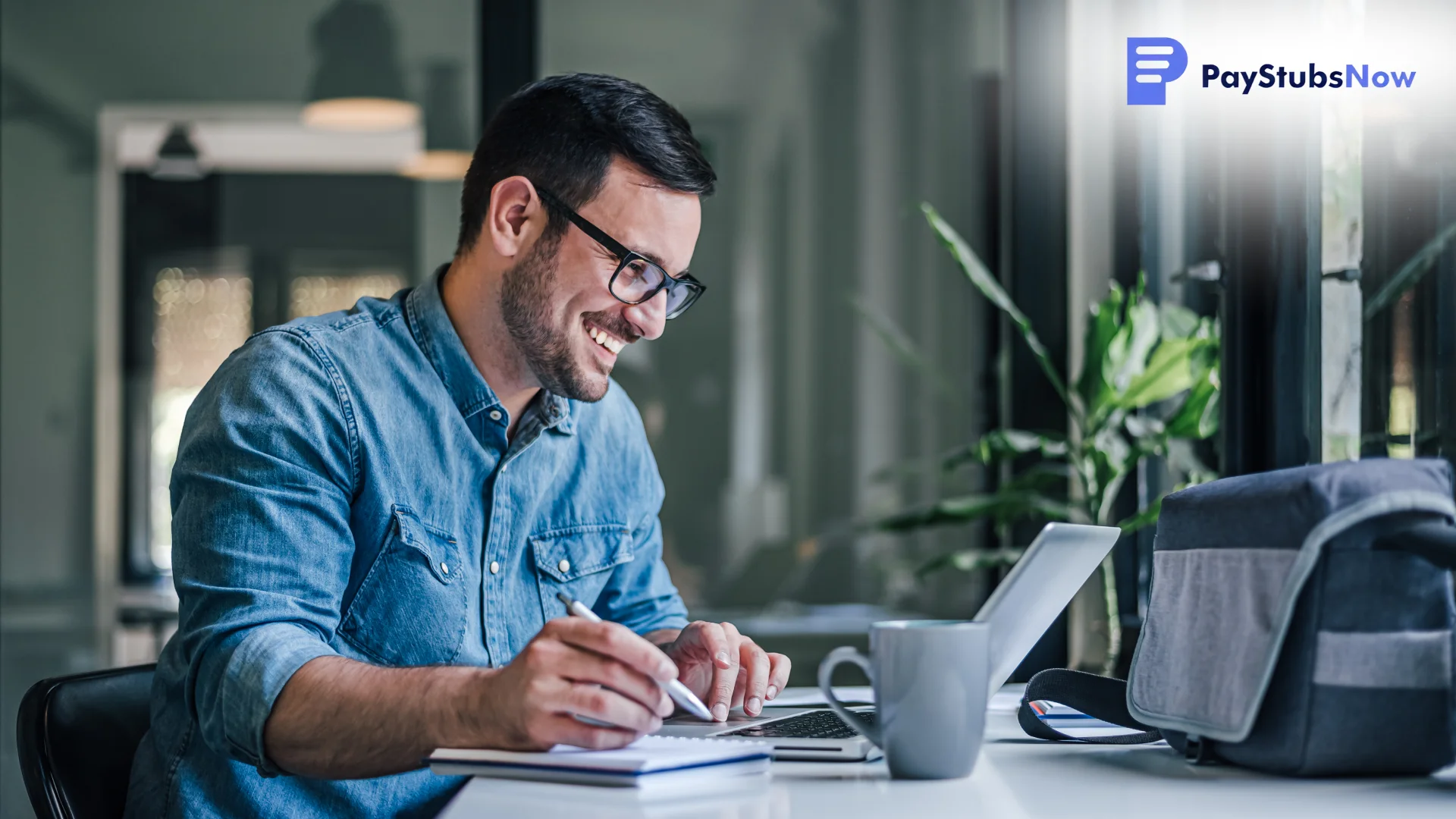 A smiling professional uses his laptop