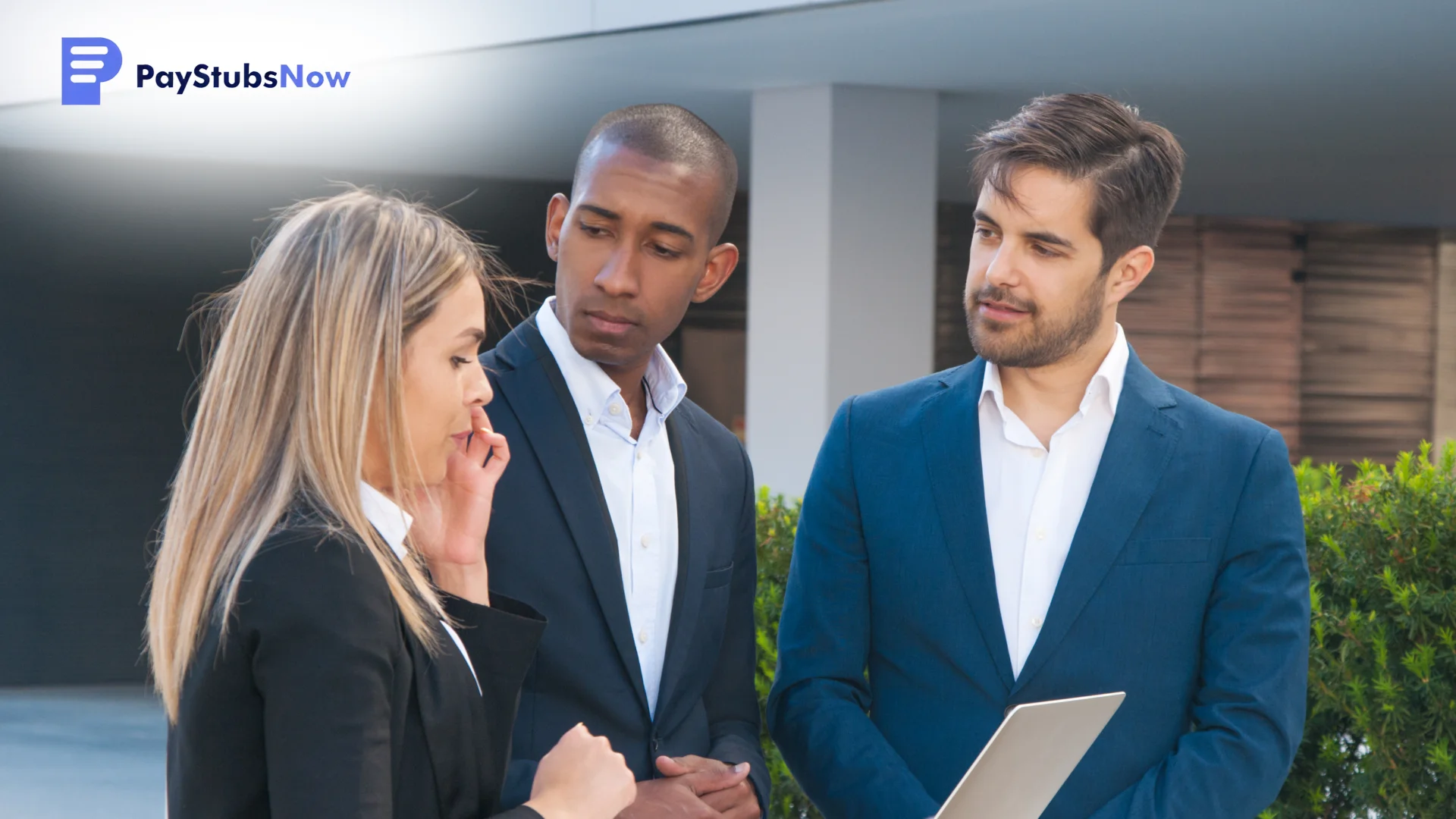 Three professionals engage in a discussion outdoors