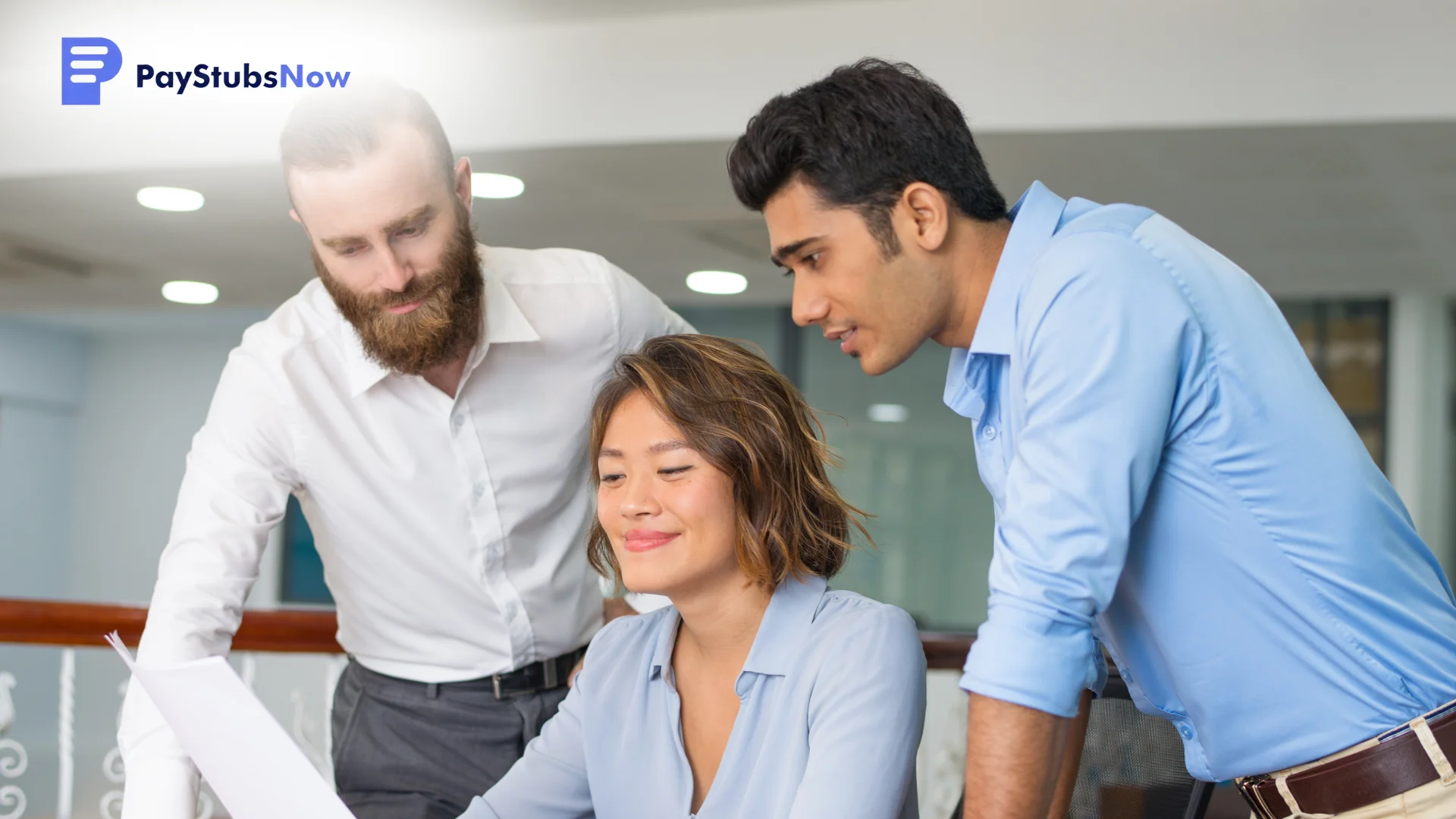 Three professionals examining documentation
