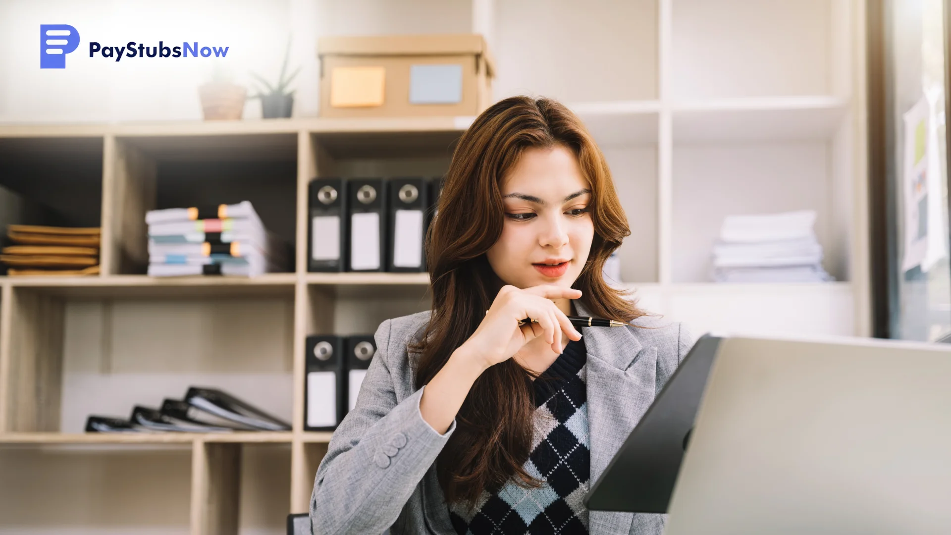 A woman in a gray blazer working thoughtfully at a laptop in an organized office