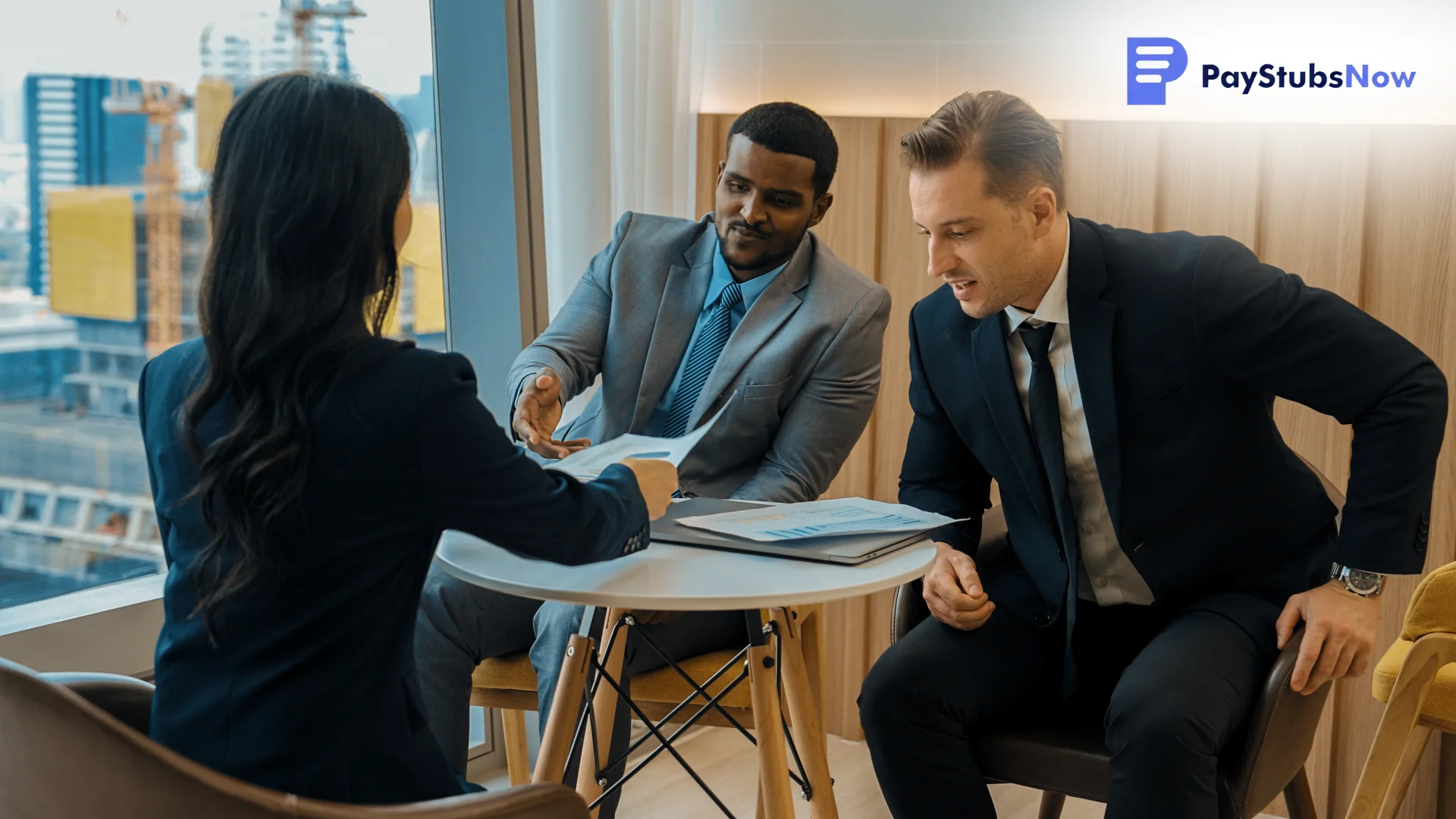 Three business professionals meeting around a small table, exchanging documents