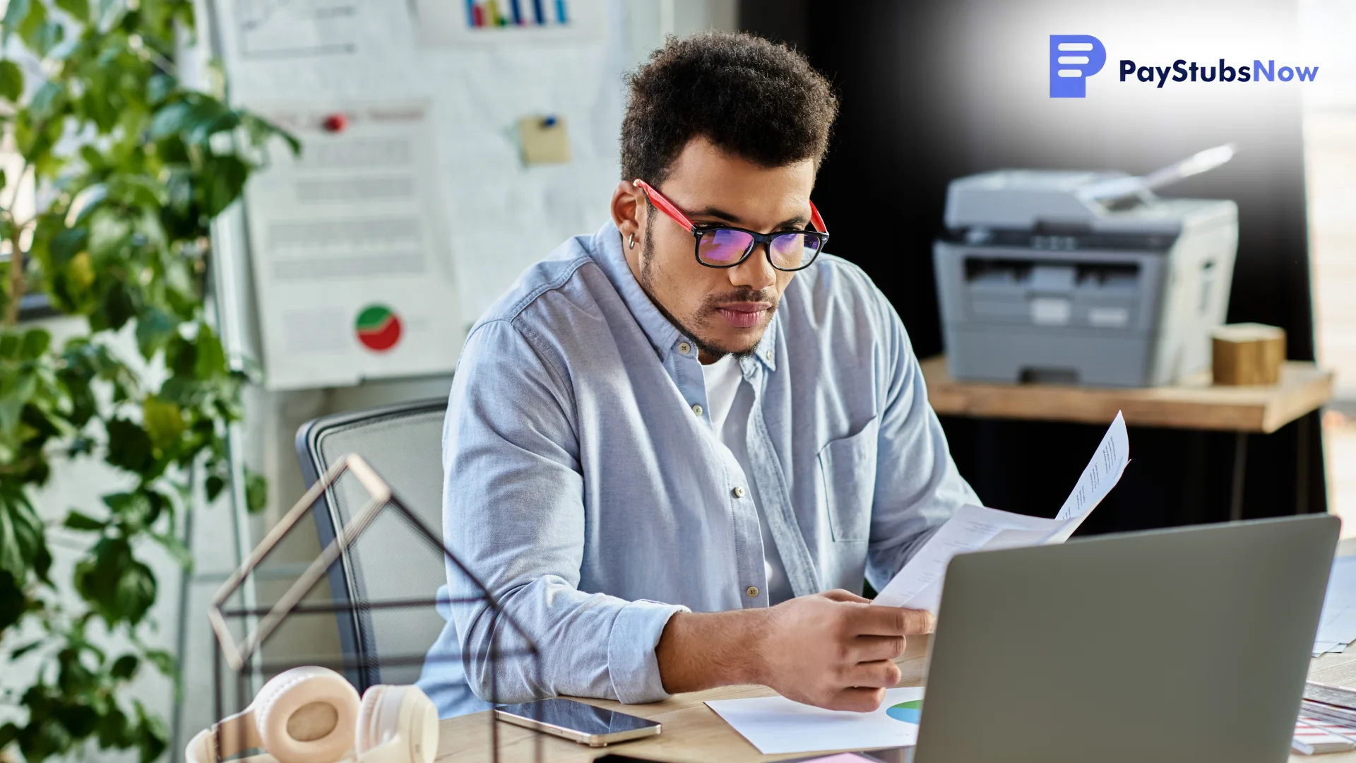 A man at his desk reviewing a printed document next to a laptop